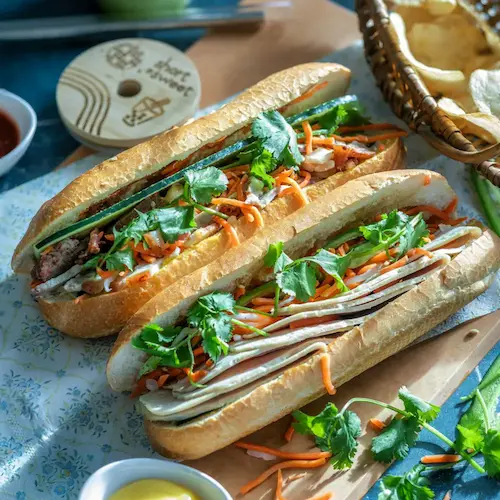 Two Vietnamese bánh mì sandwiches filled with fresh ingredients.